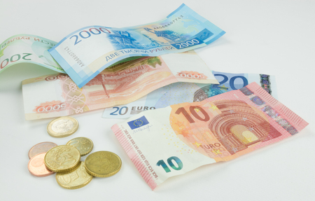 International currencies background. Money from different countries: dollars, euros rublesの写真素材