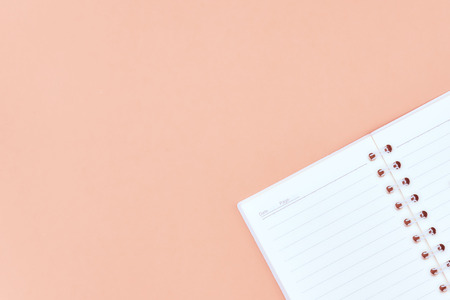 Blank notepad white page on pink desk, color background. Top view, empty space for text.