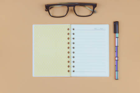 Office desktop New Year's pig, white fox, notebook, pen on the color of a gentle background. Top view with copyの写真素材