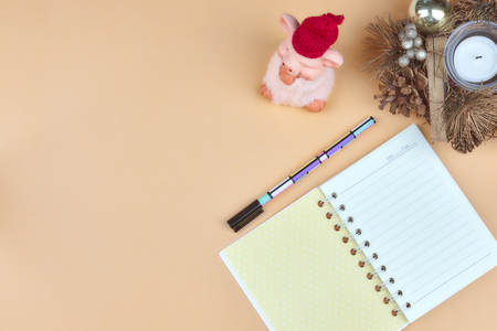 Notepad for text on pink table with copy space. Education and office conceptの写真素材