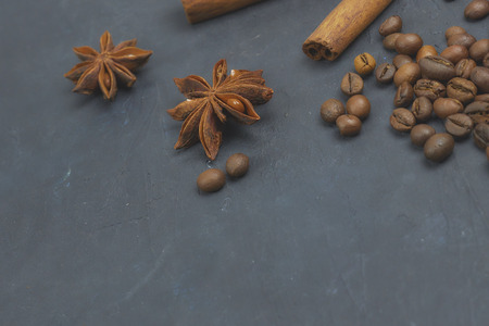 coffee beans loose in the corner of the background. on a dark background. view from above. copy space.の写真素材