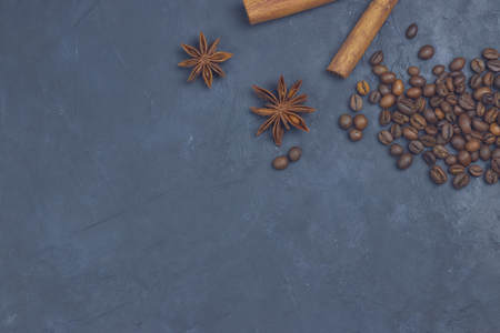 coffee beans loose in the corner of the background. on a dark background. view from above. copy space.の写真素材