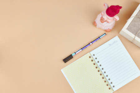 Notepad for text on pink table with copy space. Education and office conceptの写真素材
