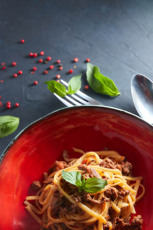 Italian pasta bolognaise. View from above. Italian home cooking.の写真素材