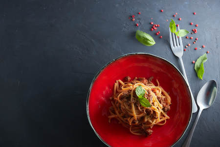 Italian pasta bolognaise. View from above. copy space. Italian home cooking.の写真素材