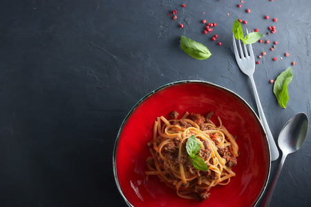 Italian pasta bolognaise. View from above. copy space. Italian home cooking.の写真素材
