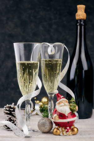 filled glasses with sparkling champagne Christmas, table theme, theme. horizontal view. Christmas card.の写真素材
