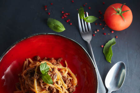 Italian pasta bolognaise. View from above. Italian home cooking.の写真素材