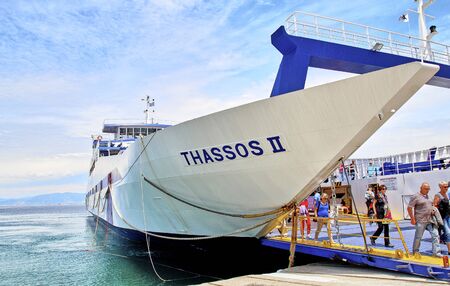 Greece, Thassos island, a large ferry, transports people and cars that sail from the city of Keramoti to Thassos island.のeditorial素材