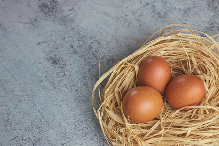 Brown chicken eggs with white feathers in hay nest on light concrete. closeup of farm eggs. horizontal view of raw chicken eggs. Village conceptの写真素材