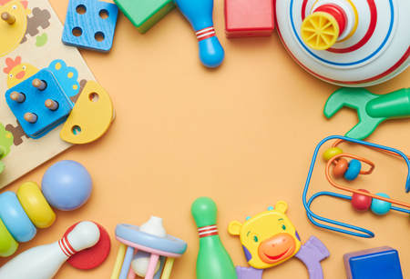 Kids toys. Background with children's toys. view from above.の写真素材