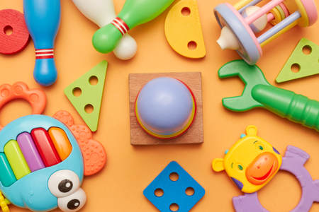 background of children's educational toys. top view close-up. toys for young children. games for the development of the childの写真素材