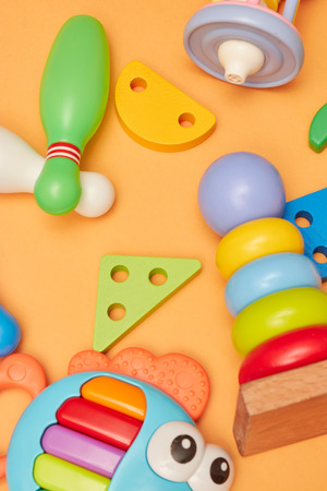background of children's educational toys. top view close-up. toys for young children. games for the development of the childの写真素材