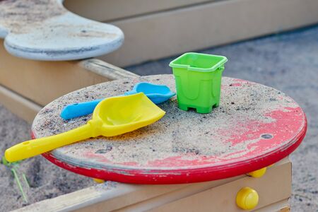 Colorful toys for children's sandboxes on the sea beachの写真素材