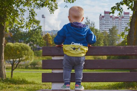 little boy stands with his back on a park bench in the summer. concept children familyのeditorial素材