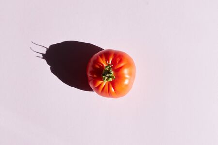 Ripe raw organic tomato on the background. Hard light, sharp shadows. Additional color palette. Balanced diet vegan healthy lifestyle concept. Creative food poster. plant minimalism.の写真素材