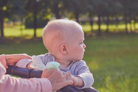 St. Petersburg, Russia, August 5, 2019.Cute little blond boy is walking in the clear summer weather in the park. The concept of childhood children and family relationships. child protection.のeditorial素材