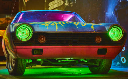 beautiful speed blue sports car, close-up, vintage car.の写真素材