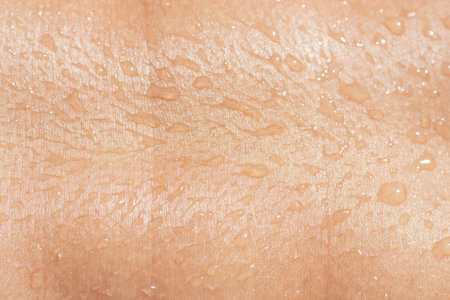 wet female skin texture with liquid drops close-up. tanned human body with water drops.の写真素材