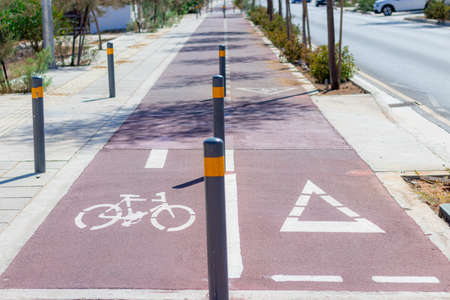 bike lane with direction arrow and white icon, divided for walking and cycling in a public park, in public places.の写真素材