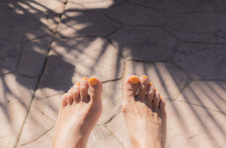 female tanned legs on a sun lounger in clear weather. Tan. the shadow of the branches of a palm tree. girl sunbathing on vacation.の写真素材