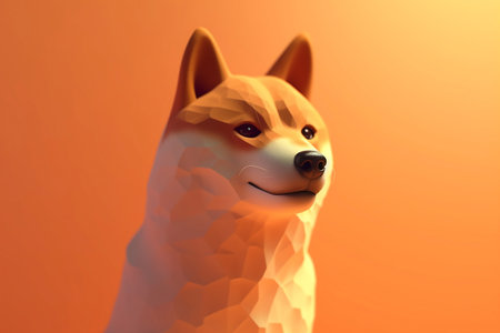 Shiba Inu statue on orange background, closeup of photoの素材