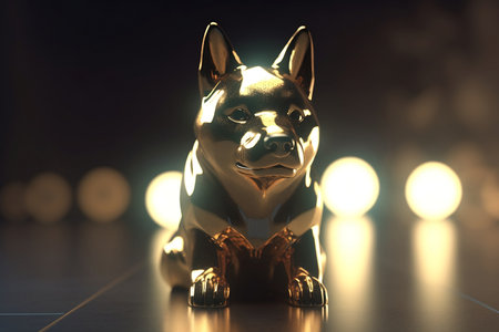 Golden dog with bokeh lights on dark background. 3d renderingの素材