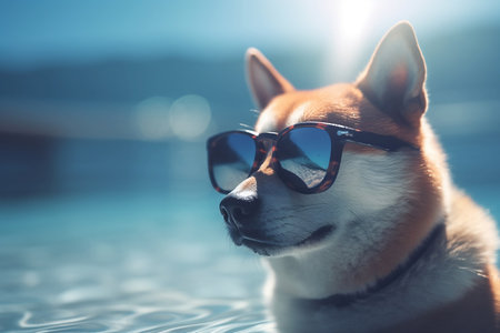 Shiba inu dog in sunglasses on the background of the seaの素材