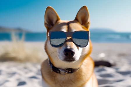 Close-up portrait of a shiba inu dog wearing sunglasses on the beachの素材