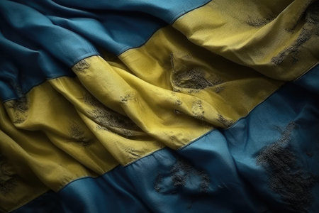 Fabric curved flag of Ukraine, UA. Blue-yellow colors. Close-up of the flag, background. generative aiの写真素材