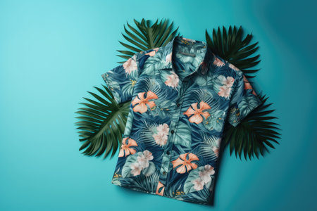 Top view of a summer outfit on a blue background with a copy space, Beach outfit, illustration of a tropical shirt on a bright blue background with fern branches. generative aiの写真素材