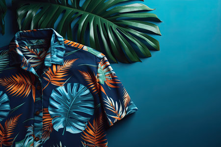 Top view of a summer outfit on a blue background with a copy space, Beach outfit, illustration of a tropical shirt on a bright blue background with fern branches. generative aiの写真素材