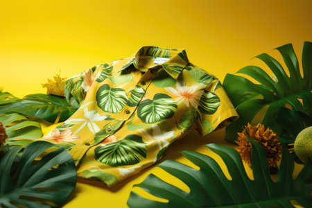 Shirt with tropical pattern on yellow background with empty space for text. Concept of travel or recreation. Summer background. generative aiの写真素材
