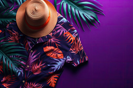 A top view of a summer outfit on a background with the possibility of copying, a beach outfit, an illustration of a tropical shirt on a background of fern branches. generative aiの素材