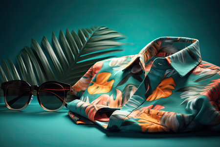 A top view of a summer outfit on a background with the possibility of copying, a beach outfit, an illustration of a tropical shirt on a background of fern branches. generative aiの素材