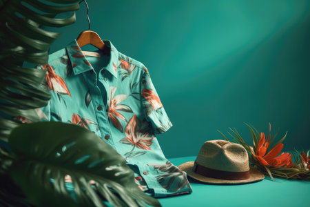 A top view of a summer outfit on a background with the possibility of copying, a beach outfit, an illustration of a tropical shirt on a background of fern branches. generative aiの素材
