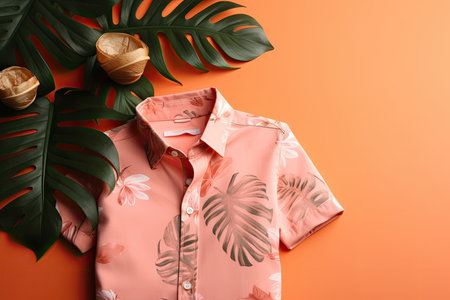 A top view of a summer outfit on a background with the possibility of copying, a beach outfit, an illustration of a tropical shirt on a background of fern branches. generative aiの素材