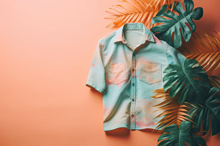 A top view of a summer outfit on a background with the possibility of copying, a beach outfit, an illustration of a tropical shirt on a background of fern branches. generative aiの素材