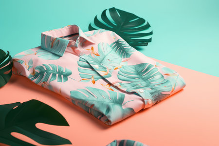 A top view of a summer outfit on a background with the possibility of copying, a beach outfit, an illustration of a tropical shirt on a background of fern branches. generative aiの素材