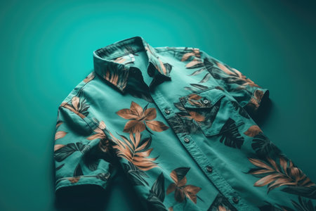 A top view of a summer outfit on a background with the possibility of copying, a beach outfit, an illustration of a tropical shirt on a background of fern branches. generative aiの素材