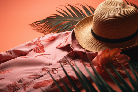 A top view of a summer outfit on a background with the possibility of copying, a beach outfit, an illustration of a tropical shirt on a background of fern branches. generative aiの素材