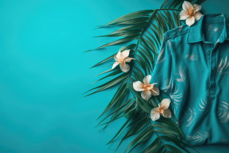 A top view of a summer outfit on a background with the possibility of copying, a beach outfit, an illustration of a tropical shirt on a background of fern branches. generative aiの素材