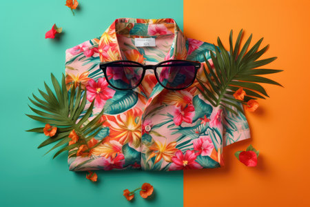 A top view of a summer outfit on a background with the possibility of copying, a beach outfit, an illustration of a tropical shirt on a background of fern branches. generative aiの素材