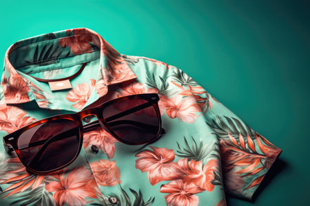 A top view of a summer outfit on a background with the possibility of copying, a beach outfit, an illustration of a tropical shirt on a background of fern branches. generative aiの素材