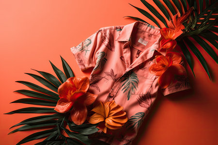 A top view of a summer outfit on a background with the possibility of copying, a beach outfit, an illustration of a tropical shirt on a background of fern branches. generative aiの素材