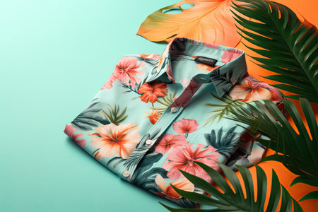 A top view of a summer outfit on a background with the possibility of copying, a beach outfit, an illustration of a tropical shirt on a background of fern branches. generative aiの素材