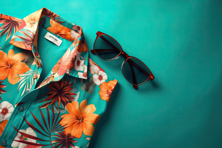 A top view of a summer outfit on a background with the possibility of copying, a beach outfit, an illustration of a tropical shirt on a background of fern branches. generative aiの素材
