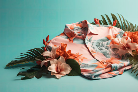 A top view of a summer outfit on a background with the possibility of copying, a beach outfit, an illustration of a tropical shirt on a background of fern branches. generative aiの素材
