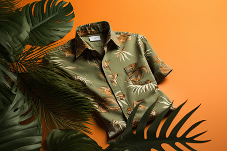 A top view of a summer outfit on a background with the possibility of copying, a beach outfit, an illustration of a tropical shirt on a background of fern branches. generative aiの素材