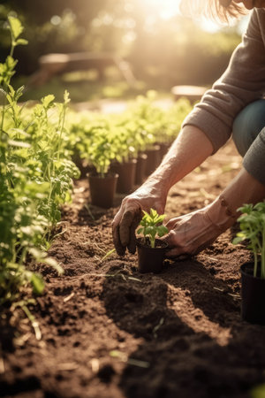 Planting vegetable seedlings in chernozem, a type of farmer growing seedlings in an open garden. Ecological farming, agribusiness and hobbies. farming business. generative aiの素材